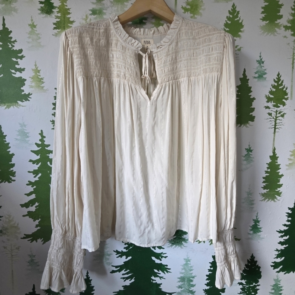 a.n.a Womens Shine Split Tie Neck Long Sleeve Blouse